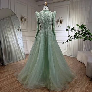 2024 Dubai Arabic Designer Luxury Sage Green A-Line Beaded Evening Dress: Perfect for Women's Wedding Party