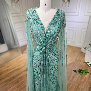 Ships in 1 to 3 Days – Dubai's Luxe Elegance: Sage Green Evening Dresses with Cape, Fuchsia Crystal, and Gold Accents for Women's Weddings and Formal Parties (2024)