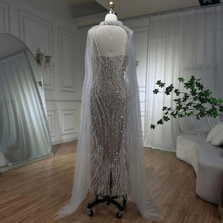 2024 White Nude Mermaid Wedding Party Dress: Beaded Feathers Luxury Cape Sleeves Prom Gown