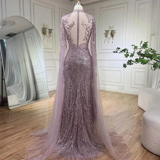 Nude Mermaid Elegant High Collar Cape Sleeves Luxury Beaded Evening Dress Gown for Women's Party 2024