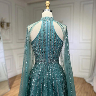 2024 Arabic Turquoise A-Line Cap Sleeve Beaded Luxury Dubai Evening Dress: Gowns for Women's Wedding Party