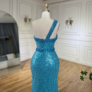 Ships in 1 to 3 Days - Luxury Blue One-Shoulder Mermaid Evening Dress - Dubai Gown with Beading for Women's Party 2024