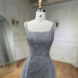 Silver Mermaid Evening Dress - Detachable Skirt, Beaded Luxury, Arabic Design for Women's Party 2024