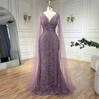 Customized Arabic Nude Luxury A-Line Beaded Evening Dress with Cape Sleeves for Women’s Wedding Party