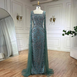 Ships in 1 to 3 Days - Turquoise Beaded Cape Sleeves Mermaid Long Evening Dress: Gowns for Women's Wedding Party