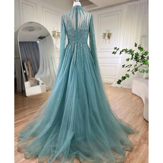 Arabic Turquoise A-Line Evening Dress 2024 with Beaded Detailing and Cape Sleeves - Ideal for Women's Wedding Party