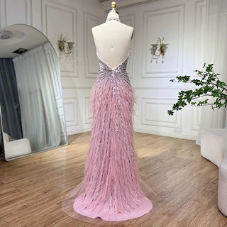 Ships in 1 to 3 Days - Dubai Halter Beige Feathers Beaded Formal Luxury Mermaid Evening Dress for Women Wedding Party 2024