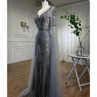 Emerald Elegance: 2024 Luxury Evening Dresses with Cape Sleeves in Rose Gold and Gray