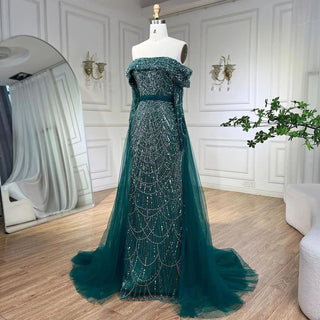 Ships in 1 to 3 Days - Arabia Nude Mermaid Boat Neck Evening Dress with Overskirt - Luxurious Attire for Women's Wedding Party 2024