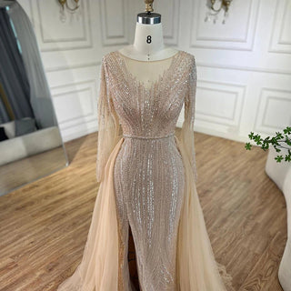 Arabic Pink Mermaid Beaded Evening Dress with Overskirt Luxury Gowns 2024 for Women's Wedding Party