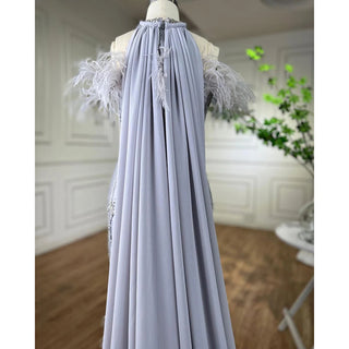 Gray Beaded Arabic Midi Ankle-Length Evening Dress with Cape Feather Gown: Elegant Attire for Women's Wedding Party 2024