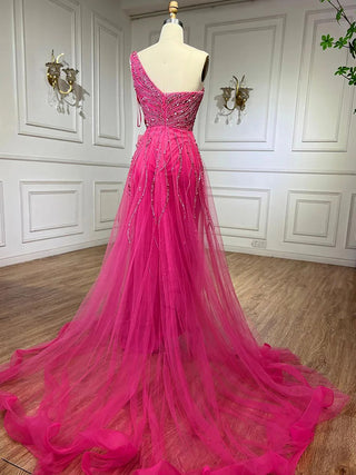 Ships in 1 to 3 Days - Fuchsia Radiance: 2024 Luxury Strapless Evening Dress with High Split, Beaded Elegance, and Dubai Glamour