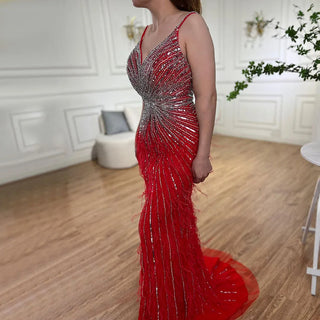 Luxury Beaded Mermaid Feathers Prom Dresses: Sexy Spaghetti Straps Backless Rose Pink Evening Dress