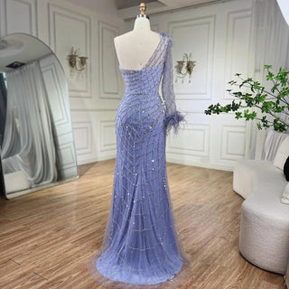 2024 Caramel One-Shoulder Mermaid Luxury Beaded Evening Gown with Feathers - Elegant for Women's Parties