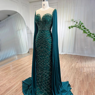 Elegant Green Cape Sleeves Mermaid Luxury Evening Dress - 2024 Gown for Women's Party