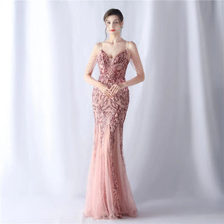 Sexy Strap Beaded Sequin Party Maxi Dress - Long Prom Evening Dress for Women