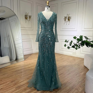 2024 Dubai Gray Long Sleeves Mermaid Beaded Arabic Luxury Evening Dress: Gowns for Women's Wedding Party