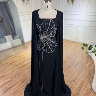 Ships in 1 to 3 Days - Arabic Black Mermaid Elegant Cape Sleeves Beaded Satin Luxury Dubai Evening Dresses Gowns For Women Party