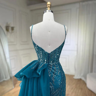 2024 Sky Blue Spaghetti Strap Luxury Evening Dress: Mermaid Beaded Elegant Overskirt for Women's Party