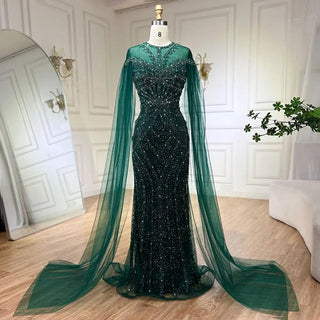 2024 Dubai Arabic Black Mermaid Elegant Cape Sleeves Beaded Luxury Evening Dresses Gown Women Wedding Party