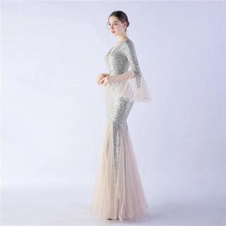 Elegant Long Sleeve Sequin Evening Dress - Gold Mesh Party Maxi Dress