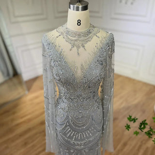 Ships in 1 to 3 Days - Dubai Gray Elegant Mermaid Lace Evening Dress - Luxurious Beaded Arabic Style for Women's Wedding Party 2024