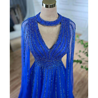 Ships in 1 to 3 Days - Arabic Blue A-Line Elegant Evening Dress: Luxurious Cape Sleeves with Beaded Embellishments for Women's Wedding Party 2024