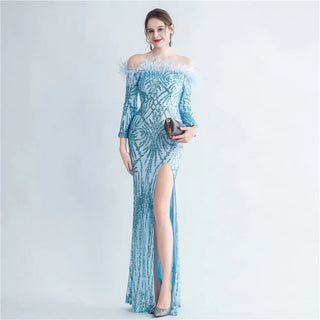 Off-Shoulder Feather Sequin Full Sleeve Evening Dress - Long Party Maxi Dress