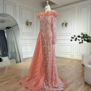 Elegant Peach Mermaid Arabic Evening Dress 2024 - One Shoulder, Luxury Pearls, Beaded Gown for Women's Party