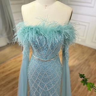 Elegant Cape Sleeves Mermaid Evening Dresses Gowns Luxury Feathers Beaded 2024 For Women Wedding Party