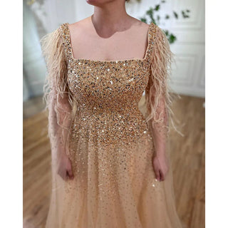 Arabic Gold A-Line Evening Dress 2024: Sexy Feathers, Cape Sleeves, Beaded Luxury - Ideal for Women's Party