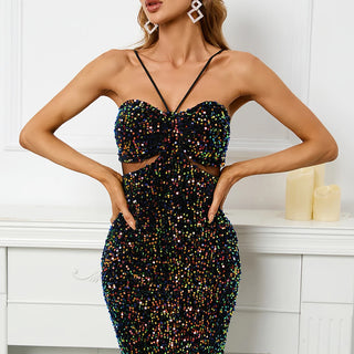 Sexy Backless Black Sequin Dress - Luxury Velvet Stretch Off-Shoulder Cocktail Prom Dress for Evening Parties