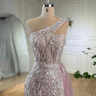 Ships in 1 to 3 Days - Pink Mermaid Overskirt Evening Dresses Gowns 2024 One Shoulder Beaded Elegant For Women Party