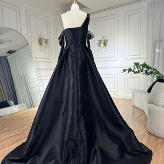 2025 Black One-Shoulder Satin A-Line Beaded Evening Gown with Sleevelets for Women’s Party - Saudi Dress