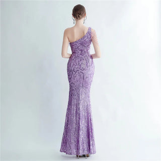 Elegant Slash Neck Feather Sequin Evening Dress for Women Beading Long Party Maxi Dress