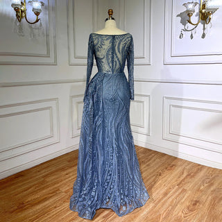 Dubai Oasis: Blue Mermaid Gown with Overskirt & Long Sleeves for Plus Size Elegance