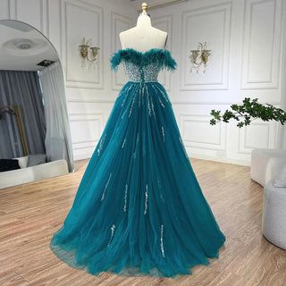 Blue Diamond Feather Mermaid Evening Dress with Overskirt - Wedding Party Gown for Women 2024