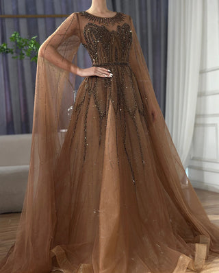 Ships in 1 to 3 Days - 2024 Nude and Blue A-Line Beaded Arabic Evening Gown - Cape Sleeves Dress for Formal Occasions