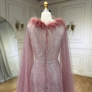 Arabic Pink Mermaid Evening Dress with Elegant Luxury Feathers Beaded Cape Sleeves for Women's Party 2024