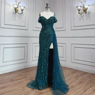 Blue Mermaid Sexy Evening Gown 2024: Spaghetti Straps, High Split, Luxury Beaded for Women Party