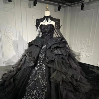 Elegant Black Gothic Ball Gown - Exquisite Off-Shoulder Beaded Evening Dress with Ruffled Layers and Cape