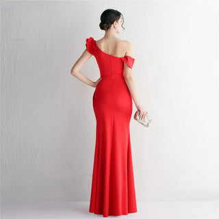 Sexy Slash Neck Burgundy Evening Dress with Ruffles - Celebrity Maxi Party Dress for Women