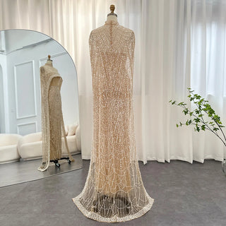 New for 2024: Luxury Champagne Dubai Evening Dresses with Pearls and Cape, Perfect for Arabic Women's Mermaid Wedding Party and Prom Dress