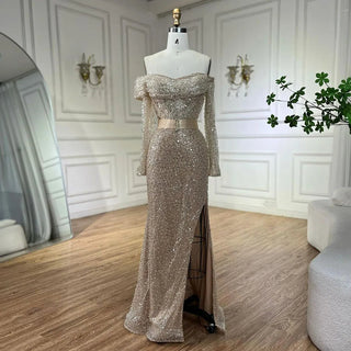 Ships in 1 to 3 Days - Arabic Nude Mermaid One-Shoulder Beaded Luxury Dubai Evening Dress - Gown for Women's Wedding Party 2024