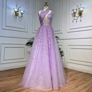 Ships in 1 to 3 Days – Luxury Beaded Dubai Lilac Evening Dress: Elegant Long Arabic Prom Formal Gown for Women's Wedding Party 2024