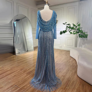 Ships in 1 to 3 Days - Silver Nude Mermaid Elegant High Split Evening Dresses Gowns Luxury Beaded 2024 For Women Party