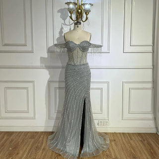 Ships in 1 to 3 Days - 2024 Silver Nude Off-Shoulder Mermaid Elegant Beaded Tassel Evening Dresses Gown for Women Wedding Party