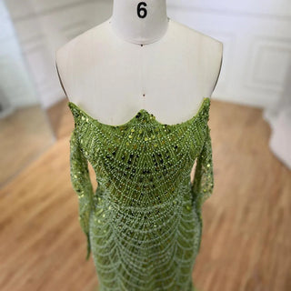 Dubai Arabian Green Luxury Evening Gown 2024 - Strapless Mermaid Dress with Gloves for Women's Wedding Parties