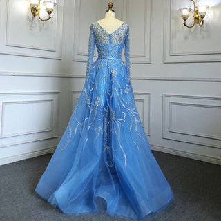 Arabic Blue A-Line Evening Dress - Long Sleeves with Luxury Beading for Woman's Party 2024