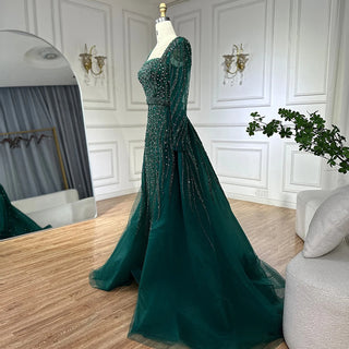 Luxurious Green Beaded Mermaid Evening Gown with Overskirt